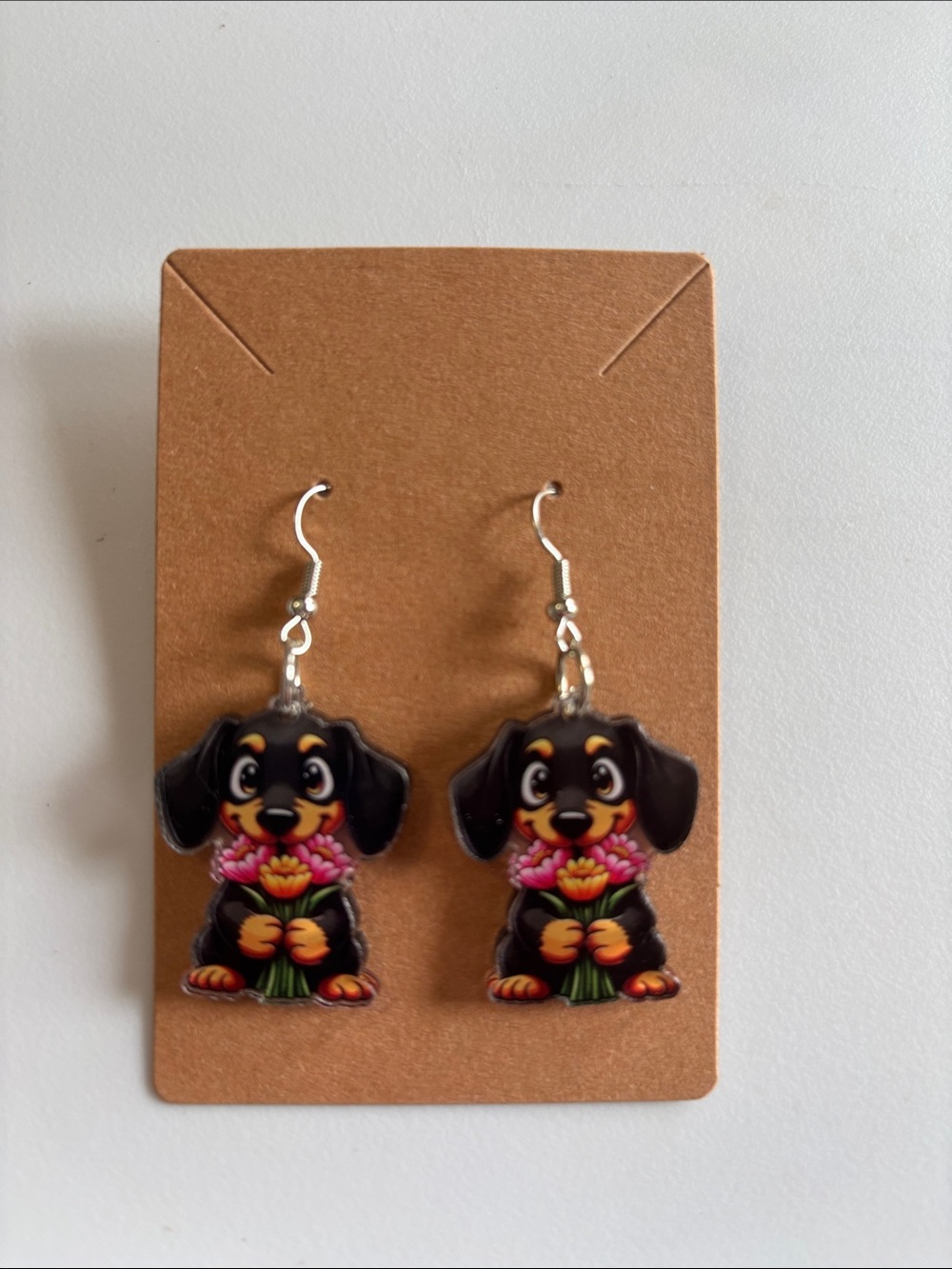 Fashion Jewelry Black Dachshund Earrings with Pink Flower Accents